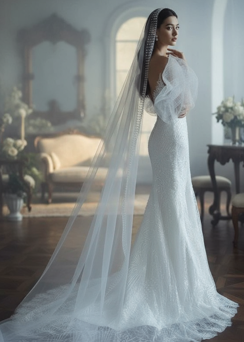 Pearl Lining Tulle Veil